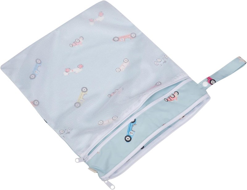 Ali+Oli Water Resistant Dual-Compartment Wet-Dry Bag for Travel, Hook to Stroller, Daycare, Diapers, Diaper Bag, Clutch Bag,15x12 inches (Retro Cars) - Image 3